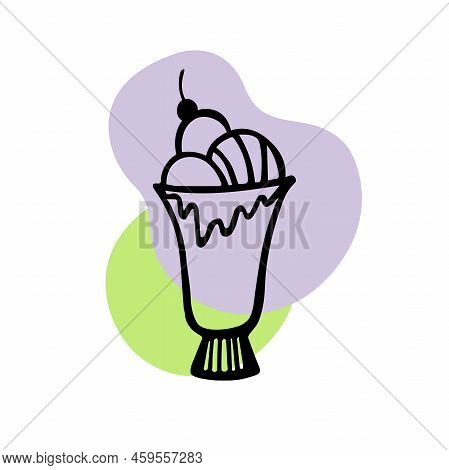 Ice Cream Sundae Line. Sundae With Three Balls With Cherry With Green And Purple Spots On A White Ba