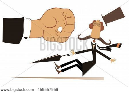 Punch Fist And Confused Falling Man. Concept Illustration. Big Fist Beats A Falling Man In The Top H