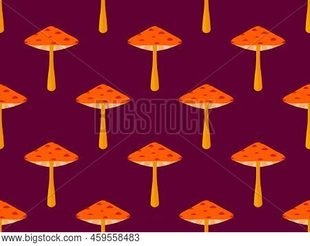 Mushrooms Seamless Pattern. Mushrooms With Red Caps On A Black Background. Toadstools, Poisonous Mus