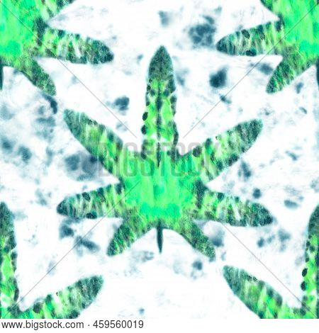 Tie Dye Marijuana Leaves Seamless Pattern. Hand Painted Elements On White Background. Abstract Textu