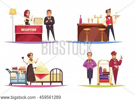 Hotel Design Concept With View Of Various Situations In Lobby With Human Characters Of Bellboy Worke