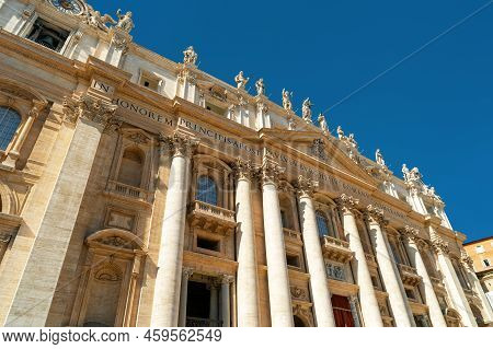St Peter's Basilica In Vatican City, Rome, Italy. Baroque Exterior Of Saint Peter's Cathedral. Trans