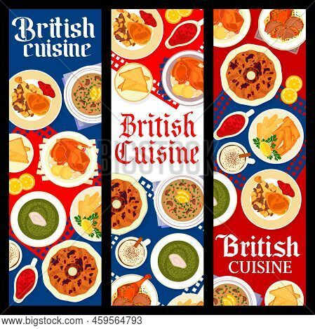 British Cuisine Dishes Vector Banners. Baked Turkey, Fish With Chips And Cranberry Sauce, Baked Rabb