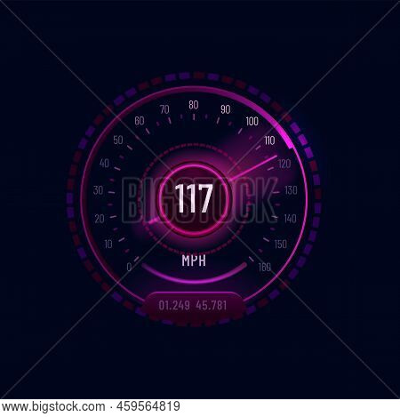 Futuristic Car Neon Speedometer Gauge Dial. Vehicle Odometer Indicator, Motorbike Or Automobile Spee