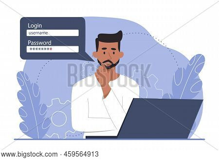 Mention Password Concept. Man Trying To Remember Password, Authorization And Identification, User. M
