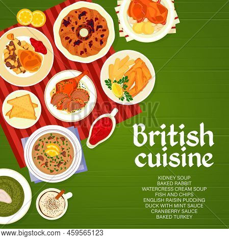 British Cuisine Menu Cover Template. Cranberry Sauce, Duck With Mint Sauce And Baked Rabbit, Baked T