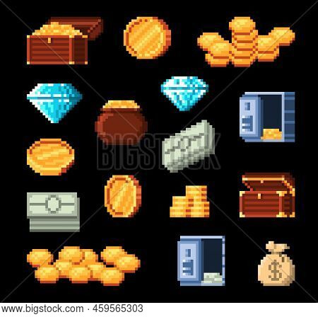 8 Bit Retro Pixel Golden Coins, Treasure Chest, Diamond, Money Bag, Pot Of Gold And Vault Cartoon Ve