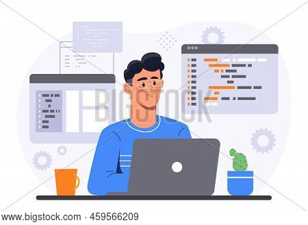 Programming At Home. Young Man Behind Laptop Works At Home, Modern Technology, Remote Worker. Develo