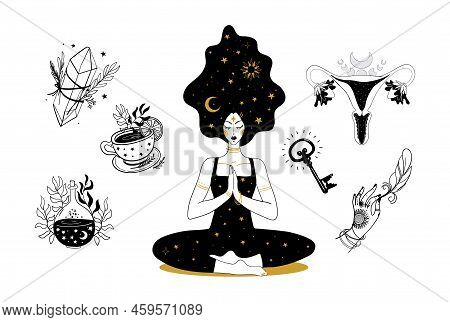 Set Of Mystical Boho Icons. Meditating Woman Hand Drawn Tattoo, Witch Crystals, Womb Symbol Of Sacre