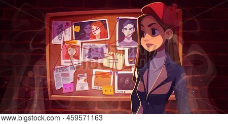 Detective Girl Stand At Board With Evidence And Criminal Photos Connected With Red Thread. Young Wom