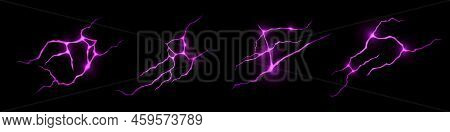 Ground Cracks With Purple Light Inside Top View. Vector Cartoon Texture Of Horizontal Breaks In Land