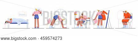 Woman Everyday Morning Routines. Vector Flat Illustration Of Girl Wakeup In Bed, Clean Teeth, Doing 