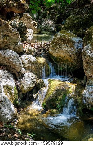 Stream In The Valley Of Butterflies. The Petaloudes Valley Nature Reserve In Rhodes, Greece, Europe.