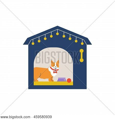 Cute Cheerful Corgi Dog Inside Of Doghouse, Pet Hotel Or Daycare, Flat Vector Illustration Isolated 