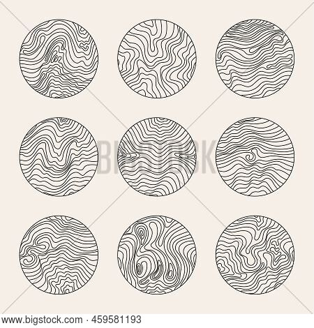 Set Of Ound Modern Minimal Logo With Organic Shapes With Dynamic Waves And Lines. Vector Emblem For 