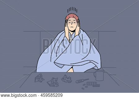 Man Sitting In Blanket Struggle With Cold Or Influenza. Unhealthy Male Suffer From Covid Or Flu Taki