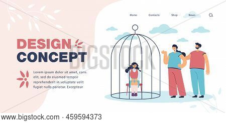 Daughter Sitting In Cage For Bad Deed Flat Vector Illustration. Mother And Father Punishing Kid For 