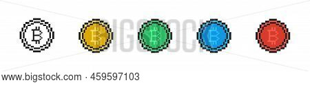 Pixel Bitcoin Icon Set. Crypto Currency Symbols. Bitcoin In Pixel Style. Vector Illustration.
