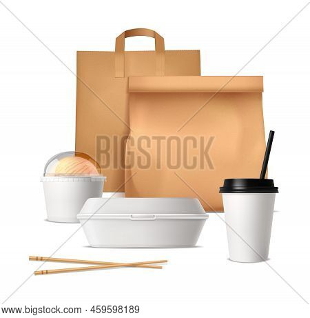 Fast Food Package Design Concept With Paper Bags Plastic Containers And Glasses For Drinks And Ice C
