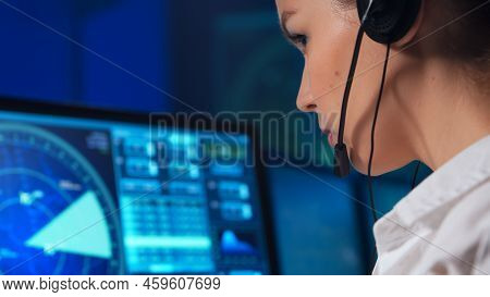 Workplace Of The Air Traffic Controllers In The Control Tower. Team Of Professional Aircraft Control