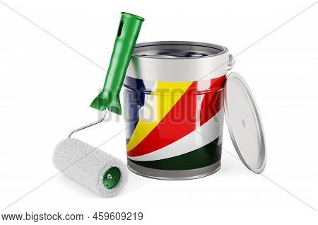 Seychelloise Flag On The Paint Can, 3d Rendering Isolated On White Background