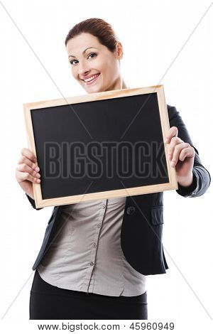Retrato de uma mulher de negócios bonita e sexy segurando uma placa shalk
