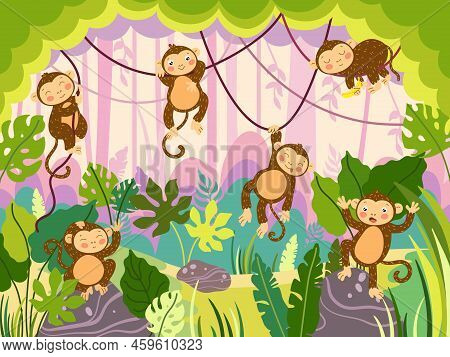 Jungle Monkey. Funny Ape Hanging On Lianas, Wild Monkeys In Various Poses On Tropical Tree And Natur