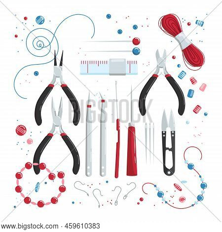 Tools And Beads For Making Jewelry Cartoon Illustration Set. Accessories, Threads, Scissors And Need