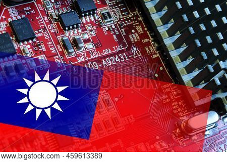 Flag Of Taiwan On  Microchips Of A Electronic Printed Board. Taiwan Manufacturing Chip Industry Emer