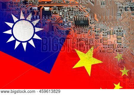 Flag Of The Republic Of China And Taiwan On Microchips Of A Electronic Printed Board. Taiwan Manufac
