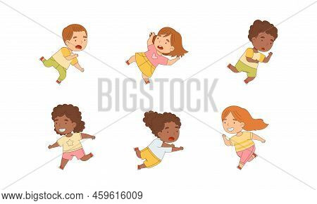 Cute Kids Running And Rushing Away At Full Speed Stumbling Vector Set