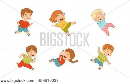 Cute Kids Running And Rushing Away At Full Speed Stumbling Vector Set