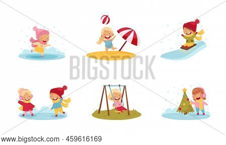 Kids Enjoying Seasons Playing Snowball Fight, Swinging And Ice Skating Vector Set