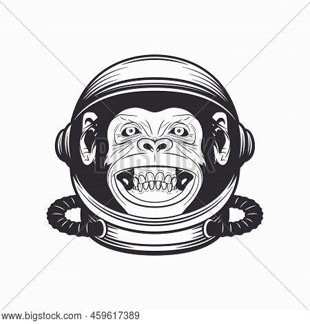 Vector Smiling Chimpanzee Ape With Astronaut Helmet, Funny Monkey With Cosmonaut Mask For Space Expl