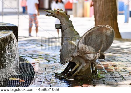 Neustadt An Der Weinstrasse, Germany - August 2022: Sculpture At 'elwedritsche Brunnen' Fountain. El