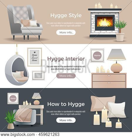 Scandinavian Hygge Style Interior Design 3 Horizontal Website Banners With Fireplace Reading Nooks C