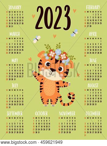 Annual Calendar For 2023 With Happy Cute Tiger With Butterflies. Vector Vertical Template For 12 Mon