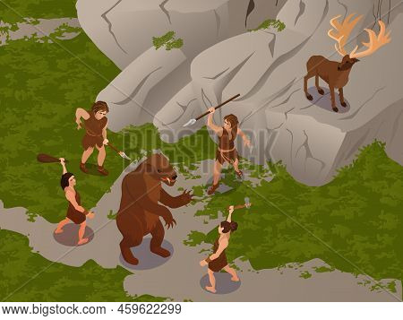 Ancient People Using Primitive Hunting Weapon To Ambush And Kill Dinosaur And Hert Isometric Composi