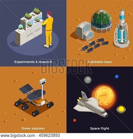 Mars Colonization 2x2 Design Concept Set Of Space Flight Rover Explorer Research Experiments Habitab