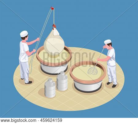 Cheese Making Isometric Poster With Two  Manufacture Workers Kneading And Checking Fermentation Proc