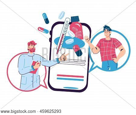 Online Medical Consultation And Telemedicine Banner. Distant Advise Of Healthcare Professional.