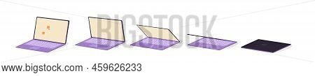 Laptop Closing Animation Elements. Set Of Digital Device Shutdown Or Close Steps. Gadget With Differ