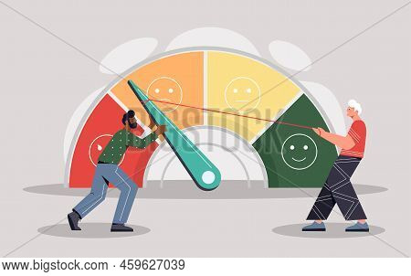 Performance Rating Concept. Men Near Scale With Gradation, Buyers Evaluate Goods And Services On Int
