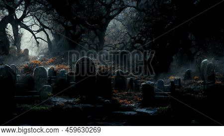 3D Illustration Of A Halloween Concept Dark Background Of A Castle And Graveyard. Horror Background