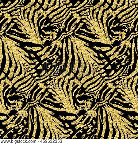 Golden Zebra Skin, Animalistic Seamless Pattern Black Gold Shimmer Shiny Zebrano Background