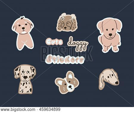 Hand Drawn Cute Doggy Stickers Set In Doodle Style. Funny Pedigree Dogs Faces Collection. Little Pup