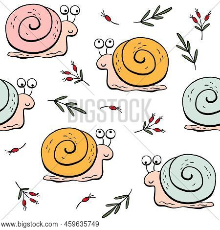 Seamless Pattern With Cute Yellow Snails, Leaves And Berries On A White Background. Creative Childre