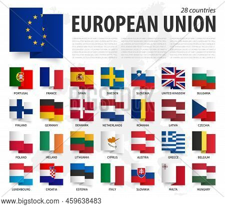European Union . Eu . Waving Zig Zag Ribbon Flag Design . Europe Map On Background . Element Vector 