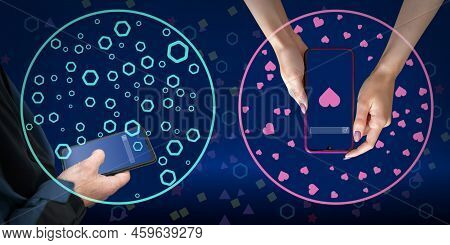 Women And Male Hands With Smartphones Surrounded By Semantic Bubbles Or Filtration Bubbles. Intellig