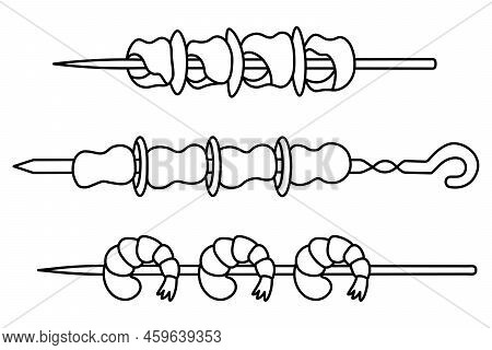 Shashlik Of Meat, Chicken And Shrimp On A Skewer. Sketch. Set Of Vector Illustrations. Juicy Pieces 